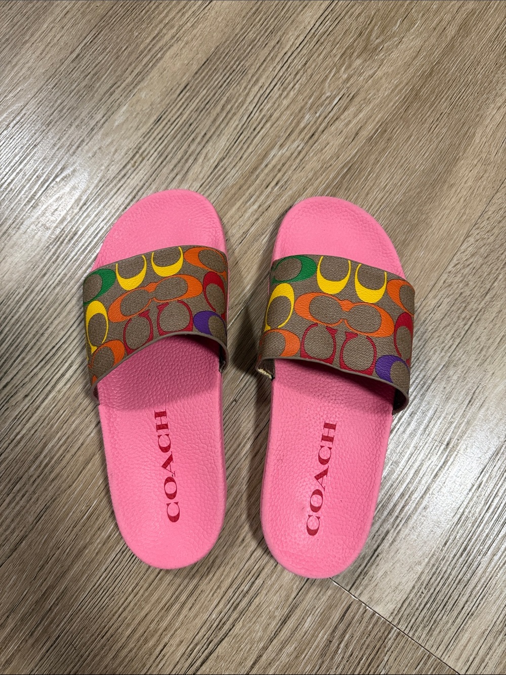 CoachPink Slide Sandals with Multicolor Signature Strap size 10